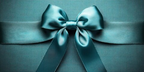 Shiny turquoise satin ribbon tied in a neat bow on matching textured fabric background, conveying elegance and celebration