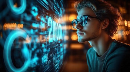 Young man wearing glasses focused on a futuristic digital screen displaying glowing blue numbers and complex data in a dimly lit environment