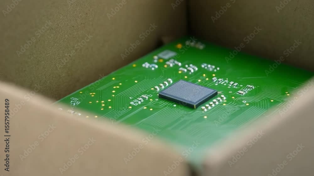 Aufkleber green circuit board with microchip inside cardboard box for warehouse management automated logistics