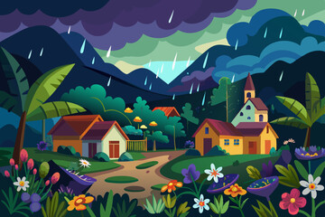 Rainy Village Scene with Colorful Flowers