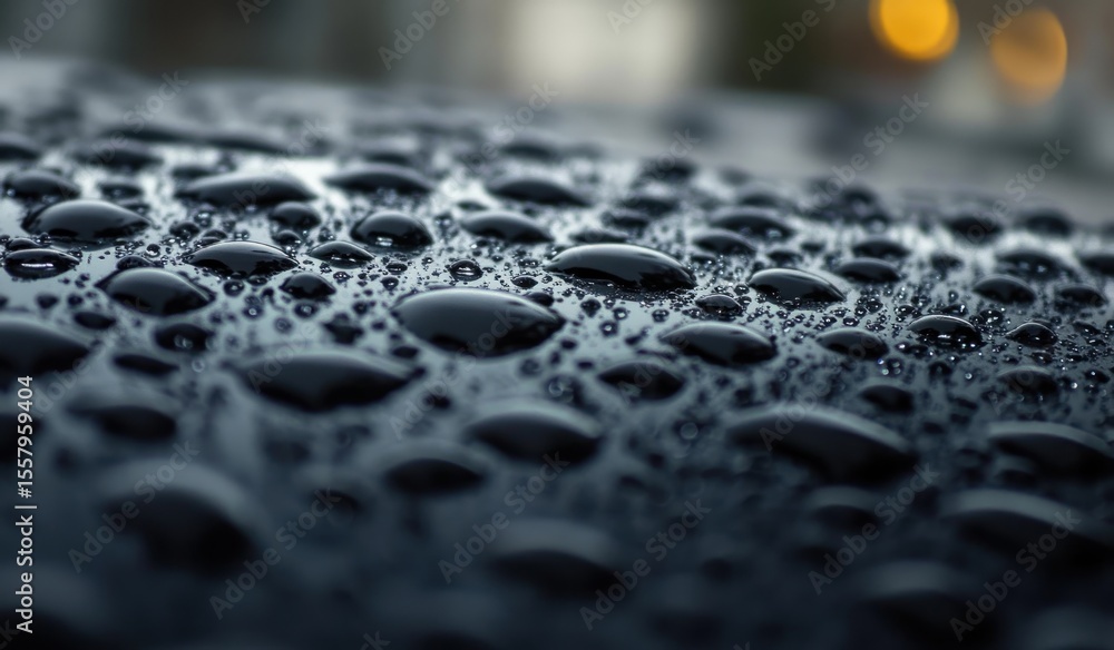 Poster close-up view of numerous water droplets on a smooth dark surface with soft blurred background and w