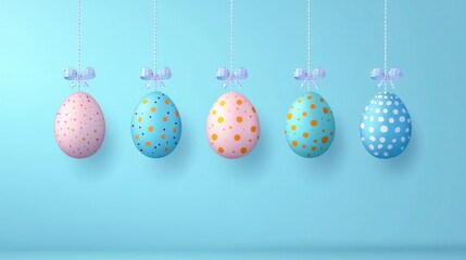 Five colorful Easter eggs hanging by strings with bows against a light blue background, decorated with polka dots in pink, blue, and orange tones