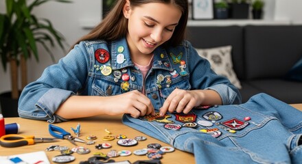 Teenage Girl Customizing Denim Jacket with Patches and Pins; DIY Fashion and Craft Hobby