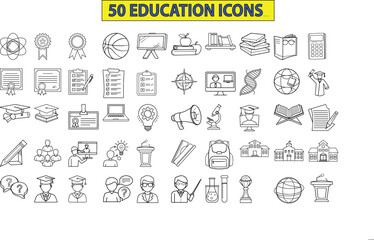 A comprehensive collection of 50 diverse icons representing various aspects of education and learning