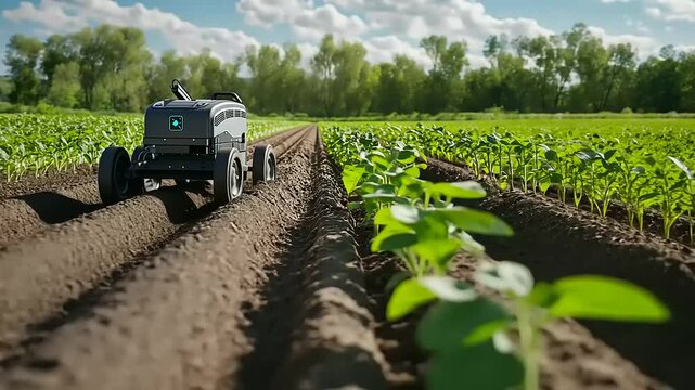 Autonomous robot cultivating rows of young crops in a sunny field with green trees in the background