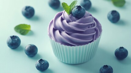 Lavender-hued cupcake, frosted swirls, blueberry garnish, pastel backdrop