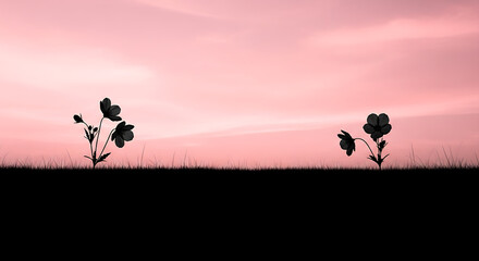 Two small plants grow in a field against a vibrant pink sunset sky with wispy clouds.