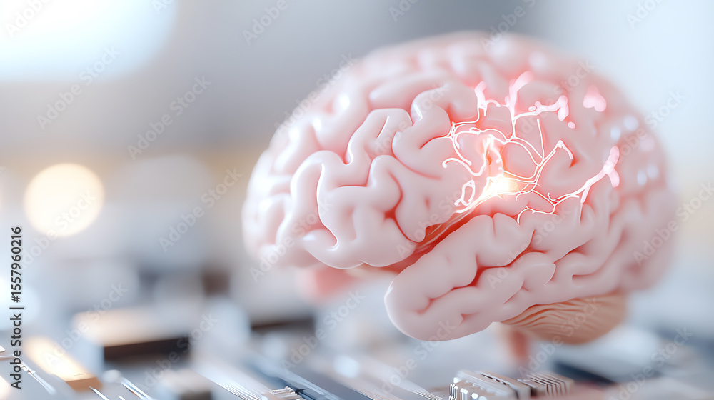 Aufkleber A close-up of a brain with electric synapses, representing cognitive functions and neural connections in a modern context.