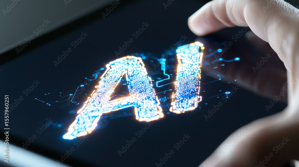 Aufkleber a close-up of a person's hand interacting with a digital screen displaying ai technology and glowing