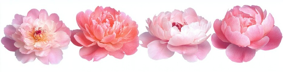 Four pink and coral peony flowers in full bloom with delicate layered petals and visible stamens isolated on white background