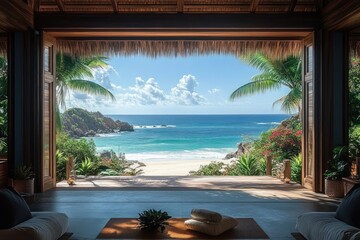 Open wooden beach hut overlooking a sandy beach with turquoise ocean, palm trees, and blue sky with fluffy white clouds on a sunny day