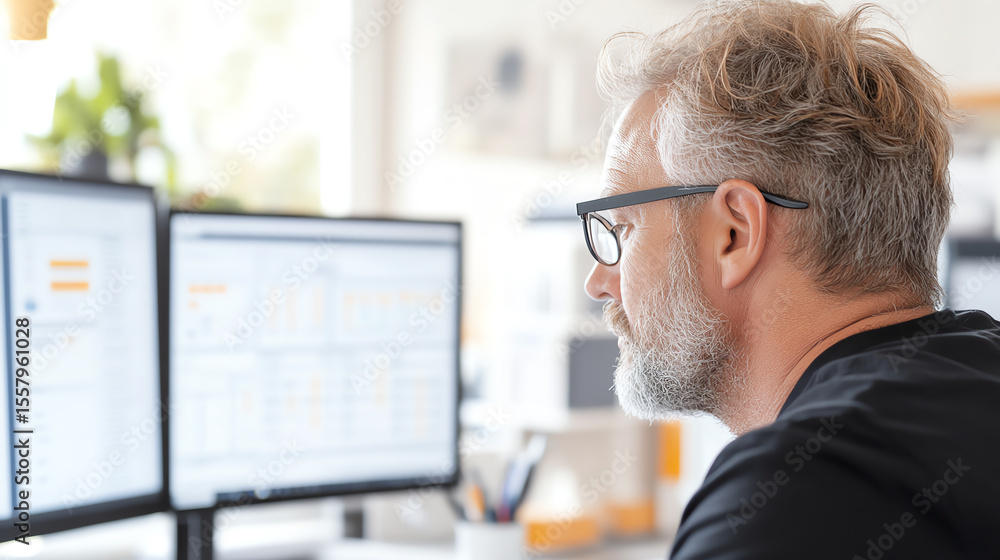 Poster A focused man analyzing data on dual screens in a modern office environment, showcasing productivity and technology integration.