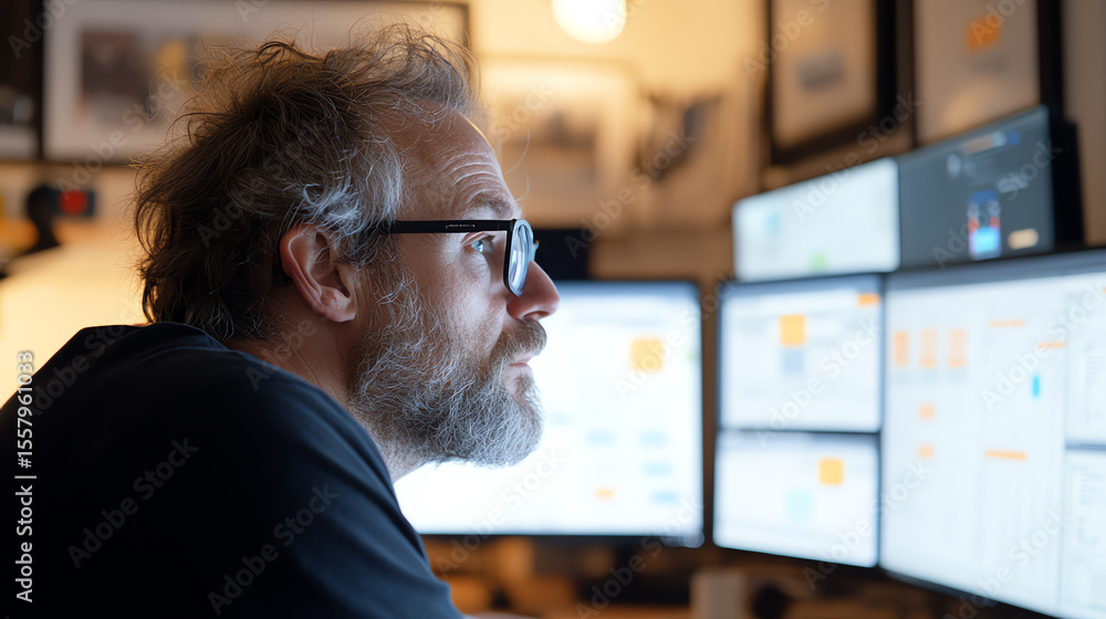 Poster a focused man analyzes data on multiple screens in a modern office, embodying concentration and tech