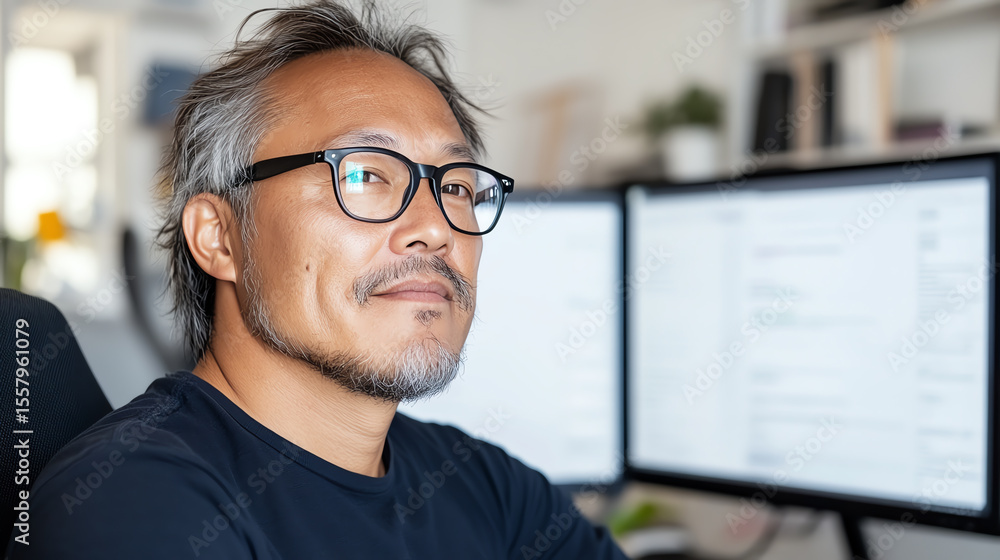 Fototapete a focused professional man with glasses, posing in an office setting. two screens display web develo