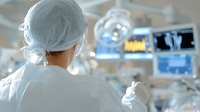 A focused medical professional observing vital signs on advanced monitors in a surgical environment, highlighting modern healthcare.