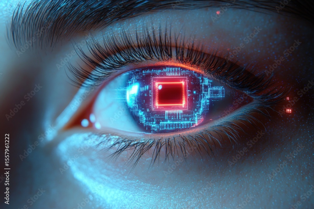 Poster close-up of a human eye with a glowing red and blue digital microchip pattern reflected on the iris 