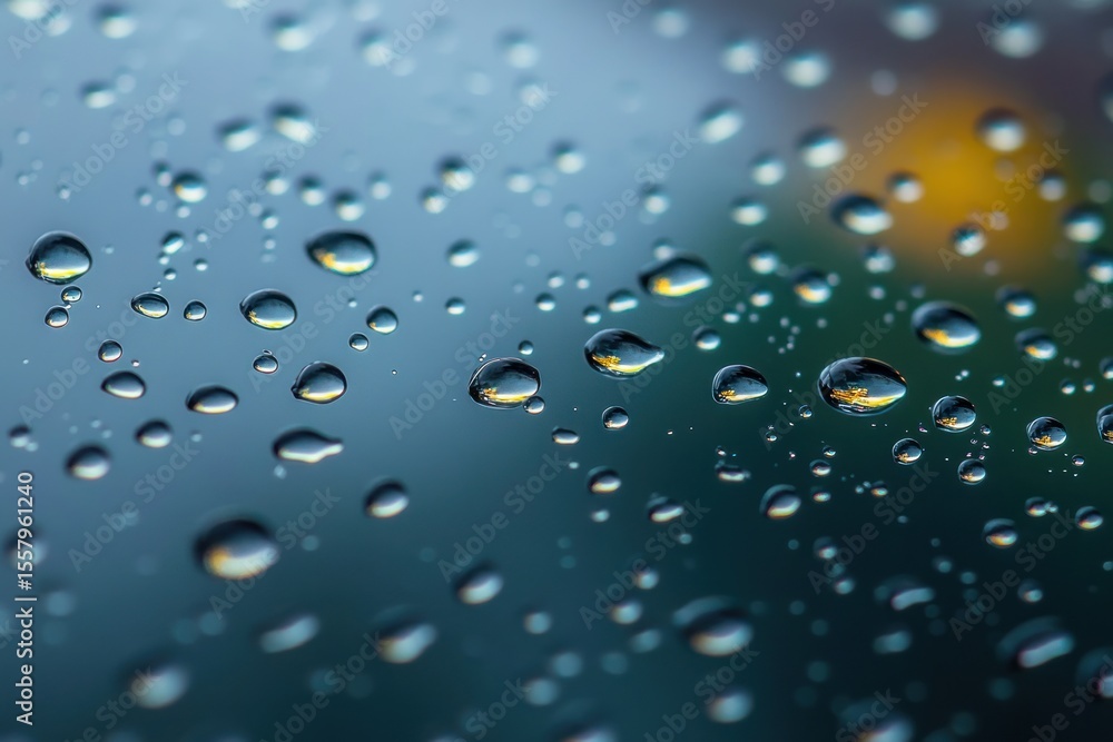 Poster close-up view of clear water droplets scattered on a smooth surface with soft reflections and a blur