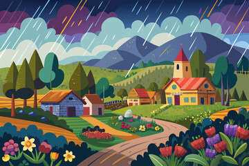 Naklejka premium Rainy Day in a Colorful Mountain Village