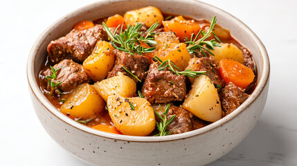 A hearty bowl of beef stew with tender chunks of meat, potatoes, and carrots, garnished with fresh rosemary, perfect for cold days.