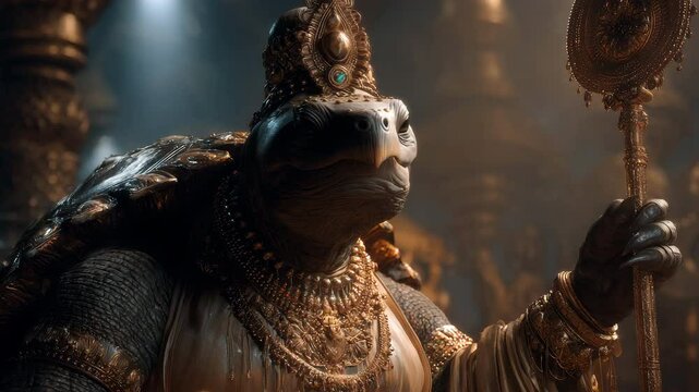 Photorealistic depiction of Vishnu as Kurma, the tortoise avatar, exuding wisdom and strength in a divine setting.Uinspired by hindu mythology, showcasing intricate details and regal attire. 