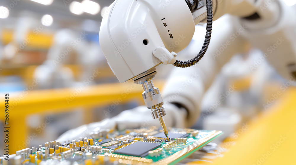Poster a robotic arm assembles electronic components on a circuit board in a modern manufacturing facility.