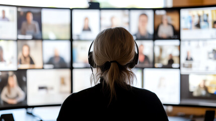 A professional woman engages in a virtual meeting, connecting with multiple participants through a multi-screen setup.
