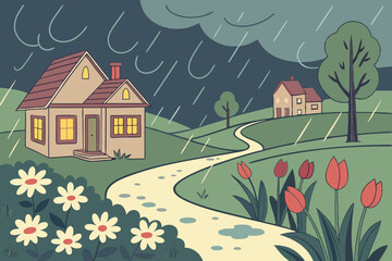Rainy Evening Countryside Scene with Houses