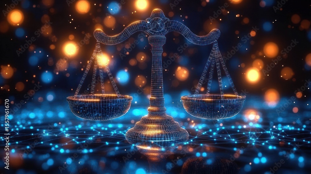 Poster digital wireframe balance scale glowing in blue and orange lights over a futuristic network grid bac