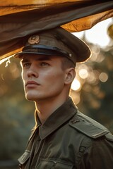 The majestic figure of a soldier in the sunlight