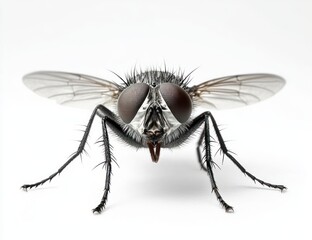 Obraz premium Close-up detailed view of a common housefly with transparent wings, large compound eyes, and bristly legs on a white background