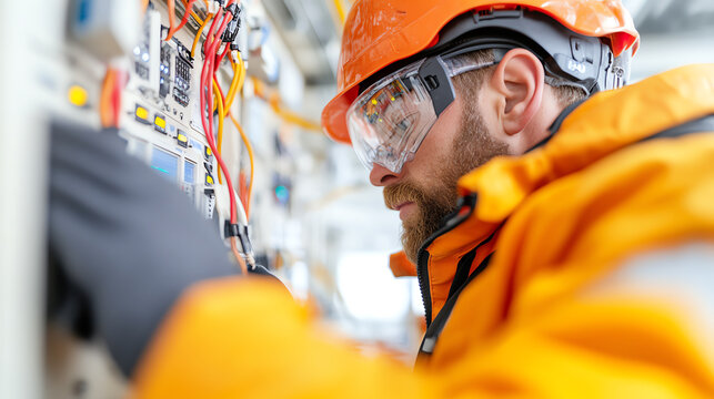A skilled technician works diligently on electrical equipment, wearing protective gear to ensure safety and efficiency in his tasks.