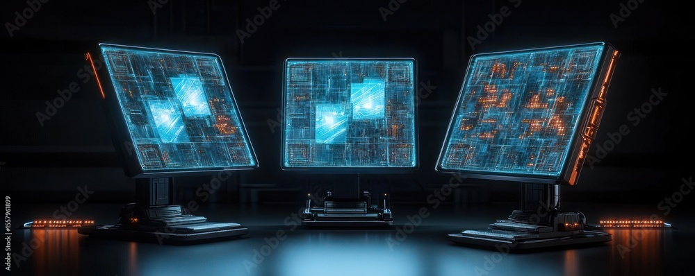 Poster three futuristic digital computer screens glowing with blue and orange circuit patterns in a dark ro