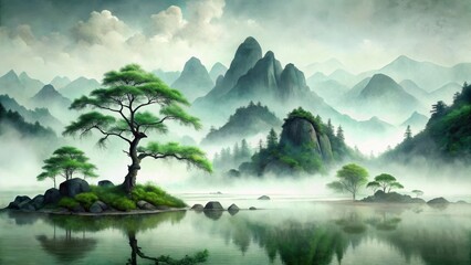 Serene landscape featuring a solitary tree on a small island, its reflection mirrored in the calm water, with misty mountains rising in the background, creating a peaceful and tranquil atmosphere.
