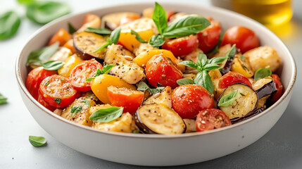 A vibrant and fresh vegetable salad featuring ripe tomatoes, eggplants, and aromatic basil, perfect for healthy meals.