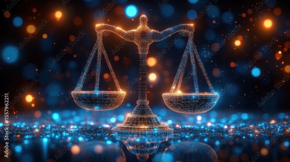 Poster futuristic digital wireframe scales of justice glowing with orange and blue lights in a dark bokeh b