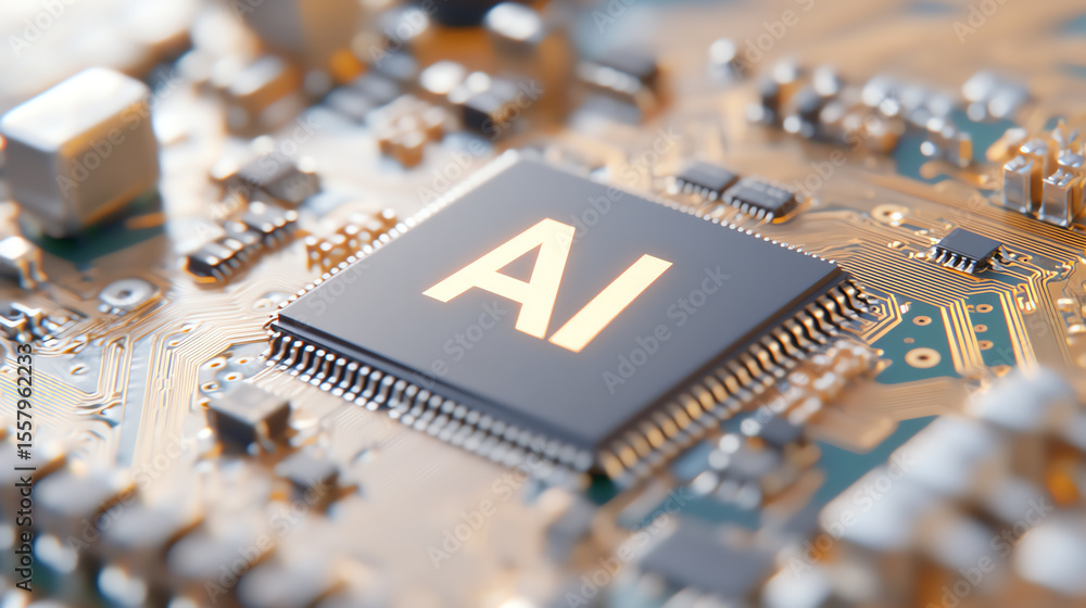 Poster Close-up of a computer chip showcasing AI technology, highlighting the intricate design and connections in modern electronics.