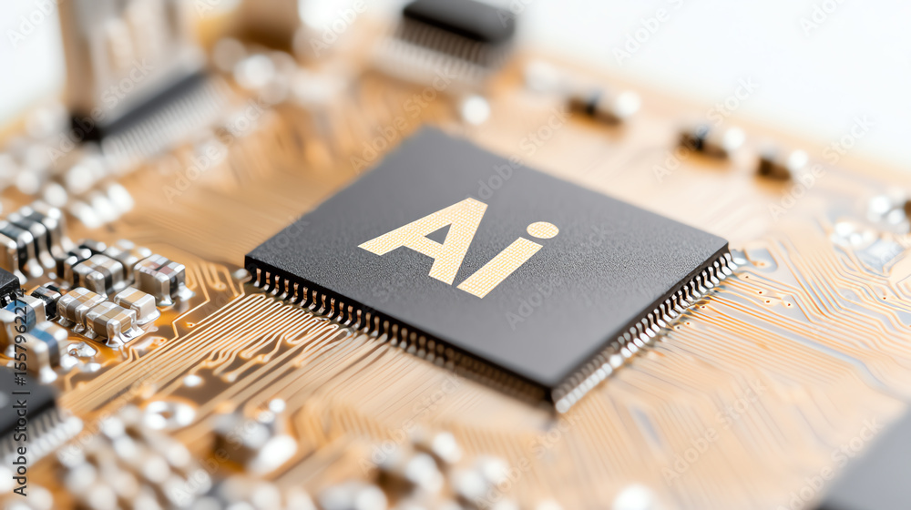 Poster Close-up of a modern microprocessor featuring 'AI' label, symbolizing advancements in artificial intelligence technology.