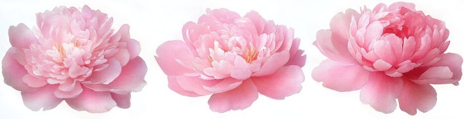 Three delicate pink peony flowers in full bloom with soft layered petals on a white background