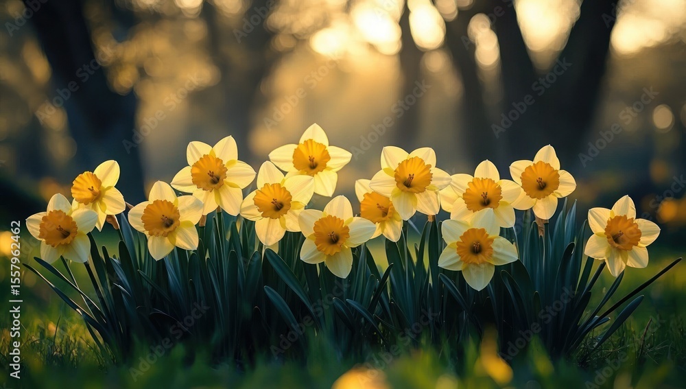 Poster a cluster of vibrant yellow daffodil flowers blooming in fresh green grass with soft sunlight filter