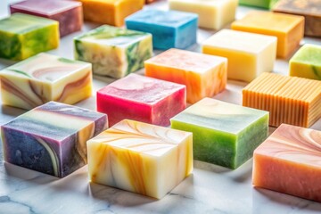 Collection of artisan handcrafted soap bars with vibrant swirling colors and patterns, arranged on a marble surface