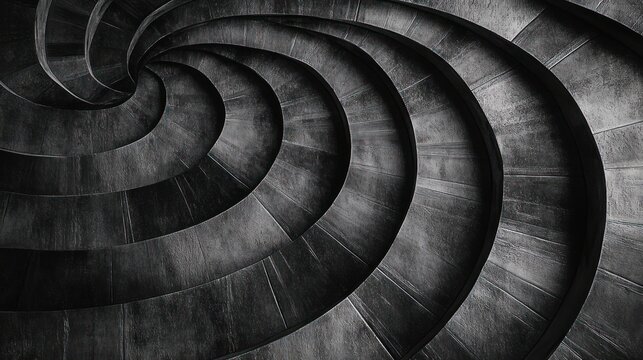 Abstract black and white close-up of a spiral stone staircase with strong lighting and shadow emphasizing curved architectural details