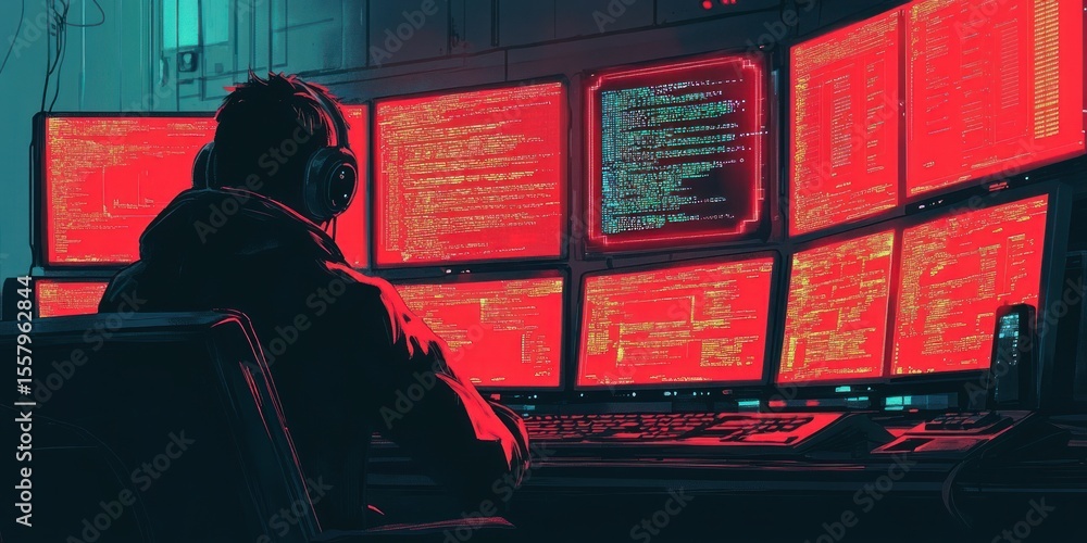 Poster person sitting in dark room surrounded by multiple glowing code-filled computer screens illuminated 