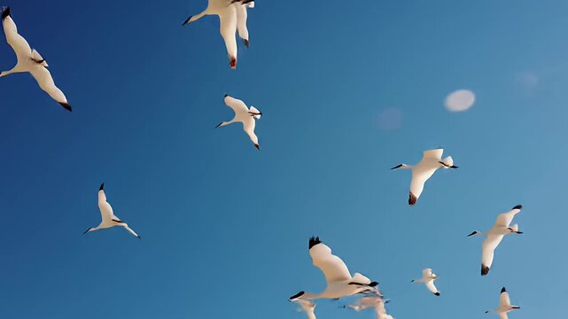 White birds fly upwards in a blue sky, sunlight glinting off their feathers
