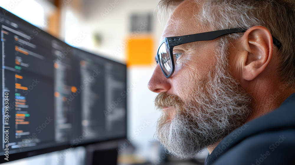Poster focused person programming on a computer, showcasing creativity and technology in a modern workspace