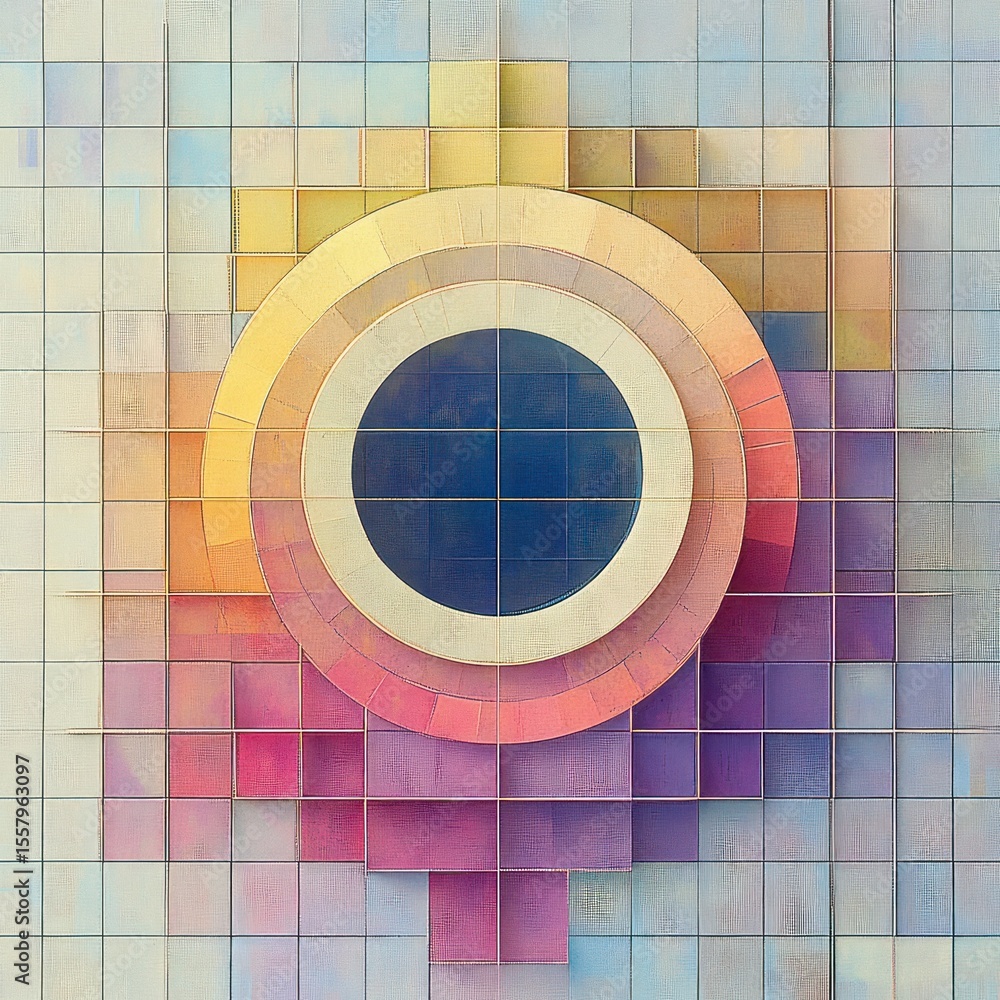 Poster abstract circular architectural feature integrated into a tiled wall with gradient colors from yello