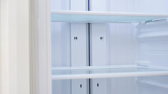 White open refrigerator close-up with empty shelves, front view.