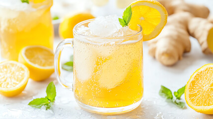 Fototapeta premium Refreshing homemade ginger lemonade garnished with mint leaves and lemon slices, perfect for hot summer days.