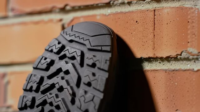 Shoe sole pressed against a brick wall, textured patterns visible, casting shadow