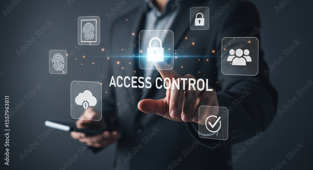 Aufkleber Man in suit interacting with access control interface featuring security icons and technology elements