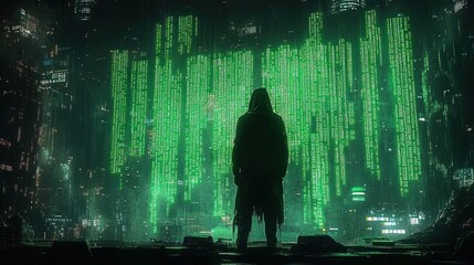 Silhouetted figure in dark hooded clothing standing in front of a futuristic cityscape illuminated by cascading green digital code and glowing skyscraper lights